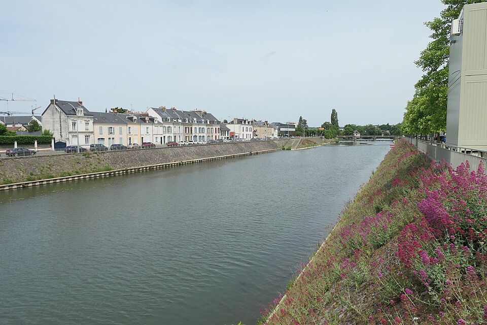 La Sarthe au Mans vue depuis un pont : la rivière entre deux quais maçonnés, une rangée de maisons de ville le long du quai de gauche, un pont plus bas et des arbres sur la berge de droite