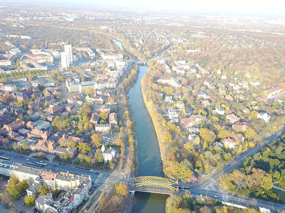 Stara Odra we Wrocławiu jesienią: rzeka przecina miasto, po obu brzegach zabudowa i drzewa w barwach jesieni, w dole most