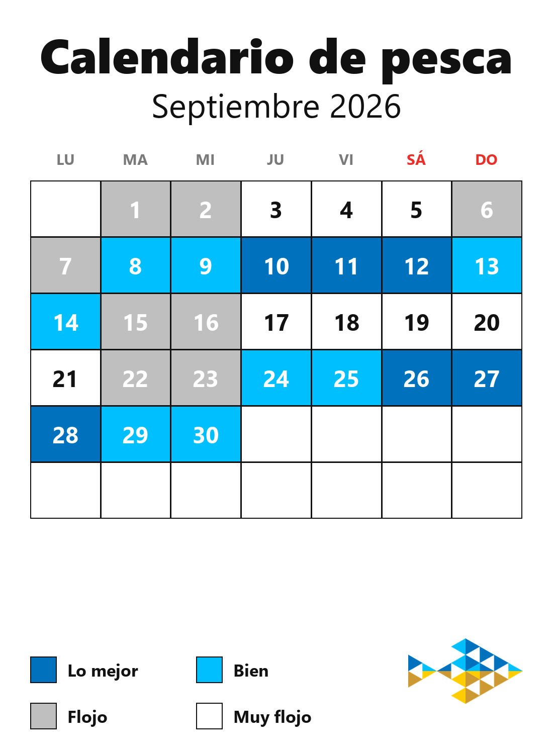 Calendario de pesca septiembre 2026 — cuadrícula del mes con los mejores y los peores días
