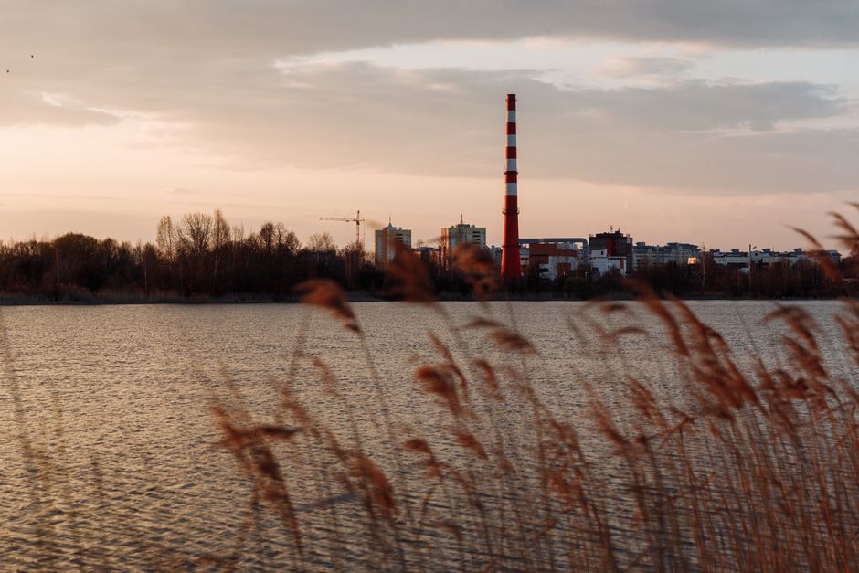 Miejskie jezioro o zmierzchu, trzciny na pierwszym planie, bloki i komin ciepłowni na drugim brzegu
