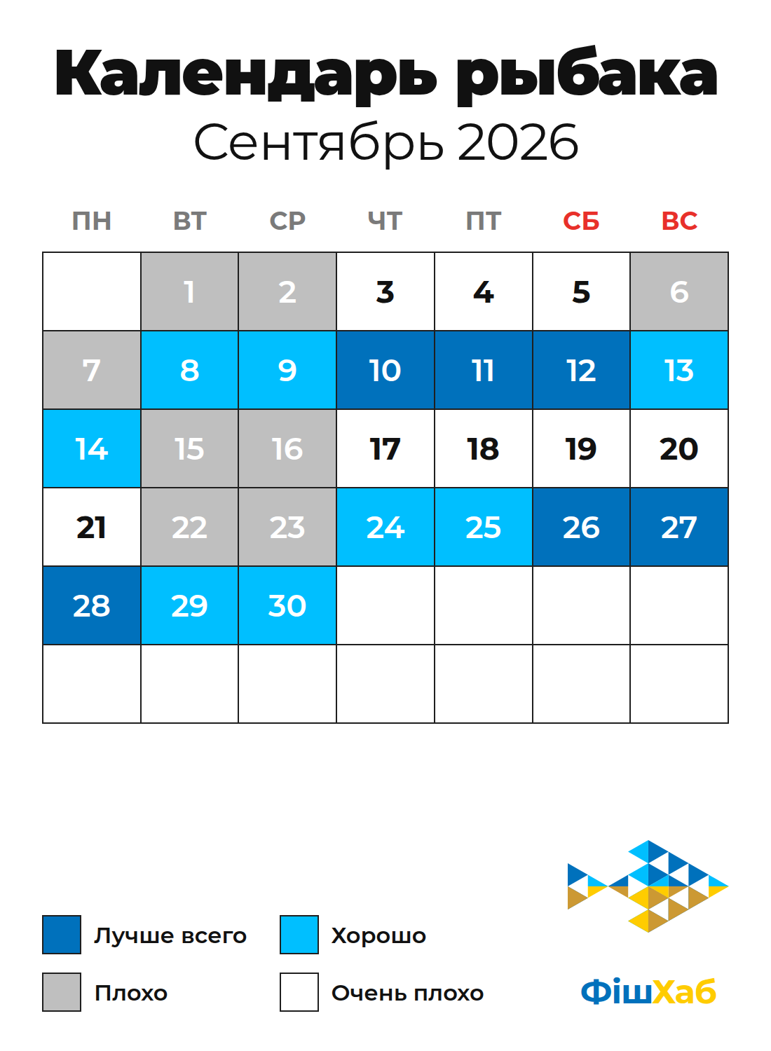 Календарь рыбака на сентябрь 2026 — лучшие и слабые дни для рыбалки