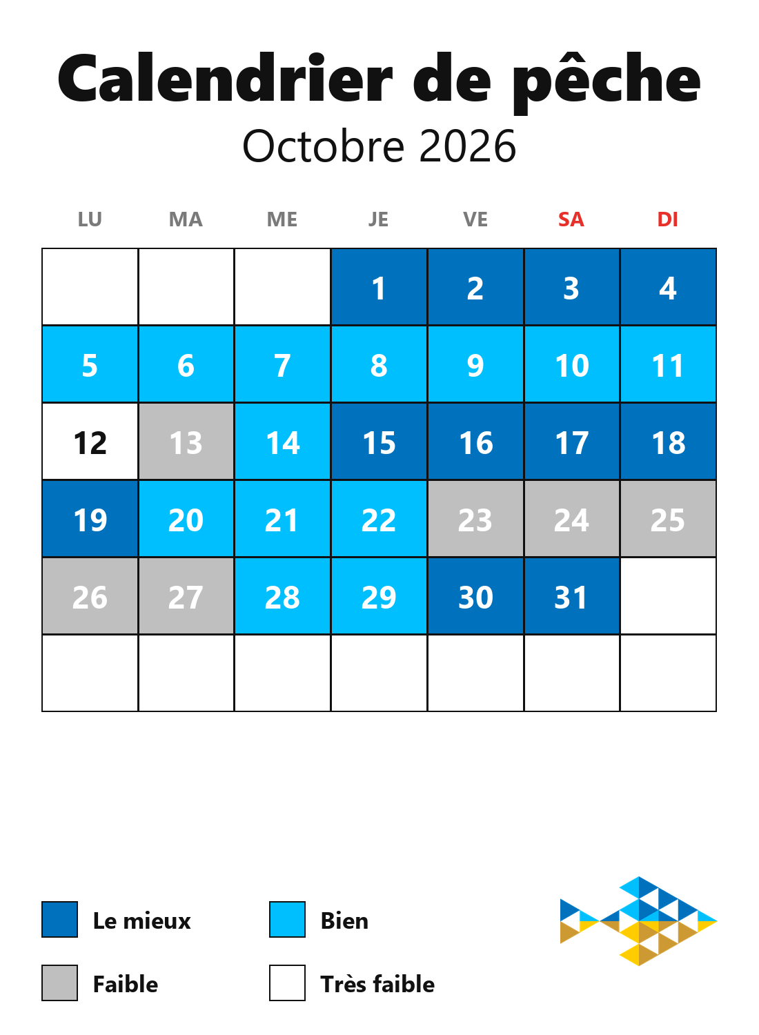 Calendrier de pêche octobre 2026 : grille du mois avec les meilleurs et les moins bons jours