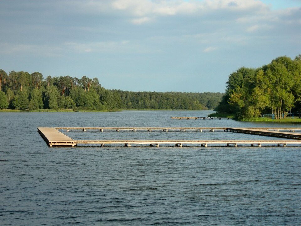 Zalew Siczki w Jedlni-Letnisku: szeroka tafla, drewniane pomosty przy brzegu i ściana sosnowego lasu po drugiej stronie